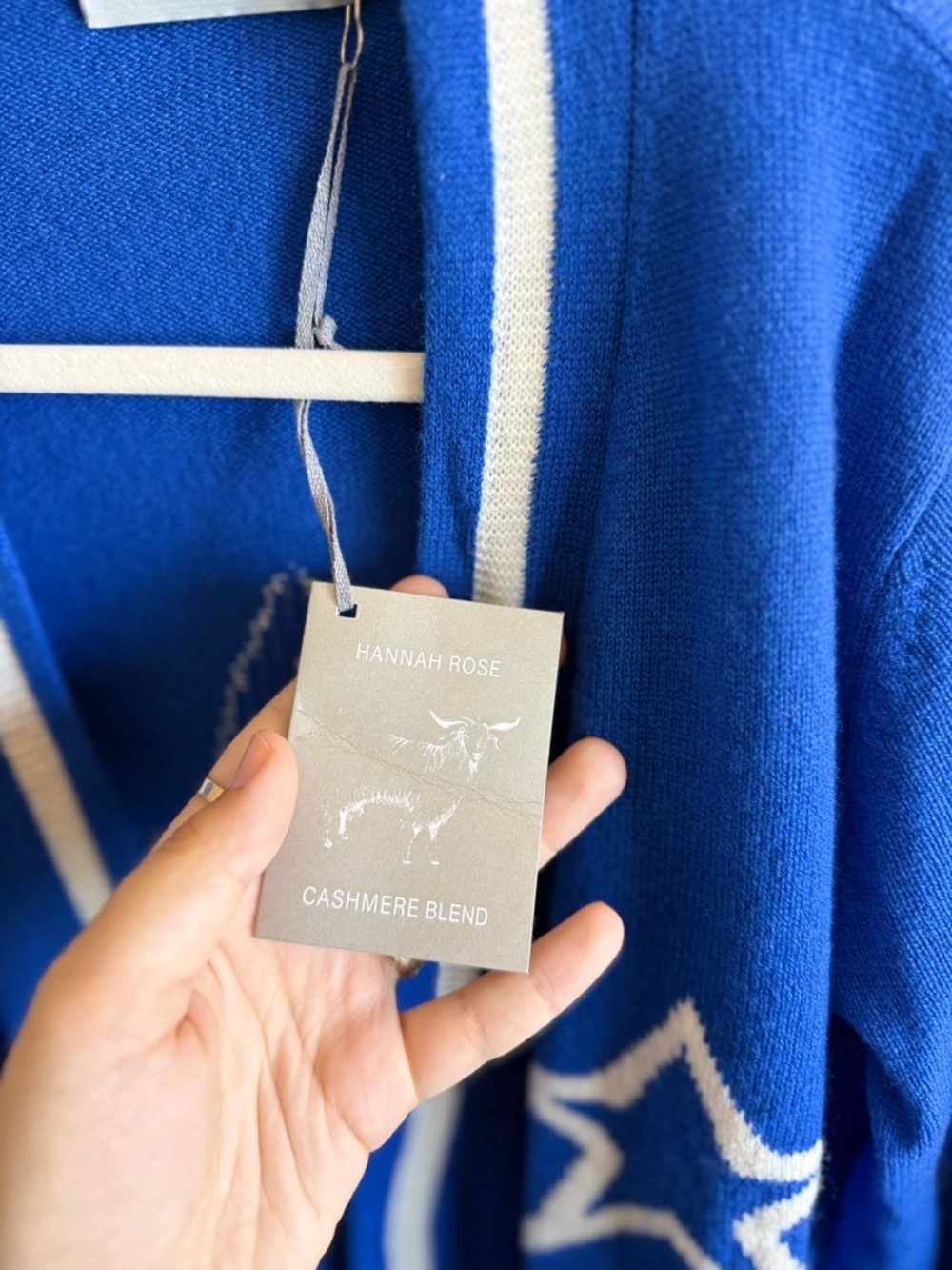 NWT Hannah Rose Merino Wool & Cashmere Open Front Cardigan Blue & White Medium - Picture 2 of 8